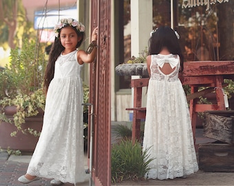 White Lace Keyhole Sweetheart Dress (Prêt à expédier)- Flower Girl, Mariage, Fille, Tout-petit, pays, robe rustique, été, automne, printemps