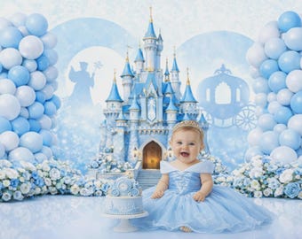 Cinderella Inspired Digital Backdrop | Blue Princess Castle Background | Cake Smash Photography (PNG Format)