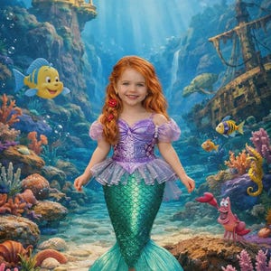 Puede incluir: Una ni&ntilde;a con un disfraz de sirena con una cola verde con lentejuelas y un corpi&ntilde;o morado, de pie en una escena submarina. El fondo presenta un castillo, un barco hundido y coloridos arrecifes de coral. Tambi&eacute;n hay peces animados y un cangrejo.