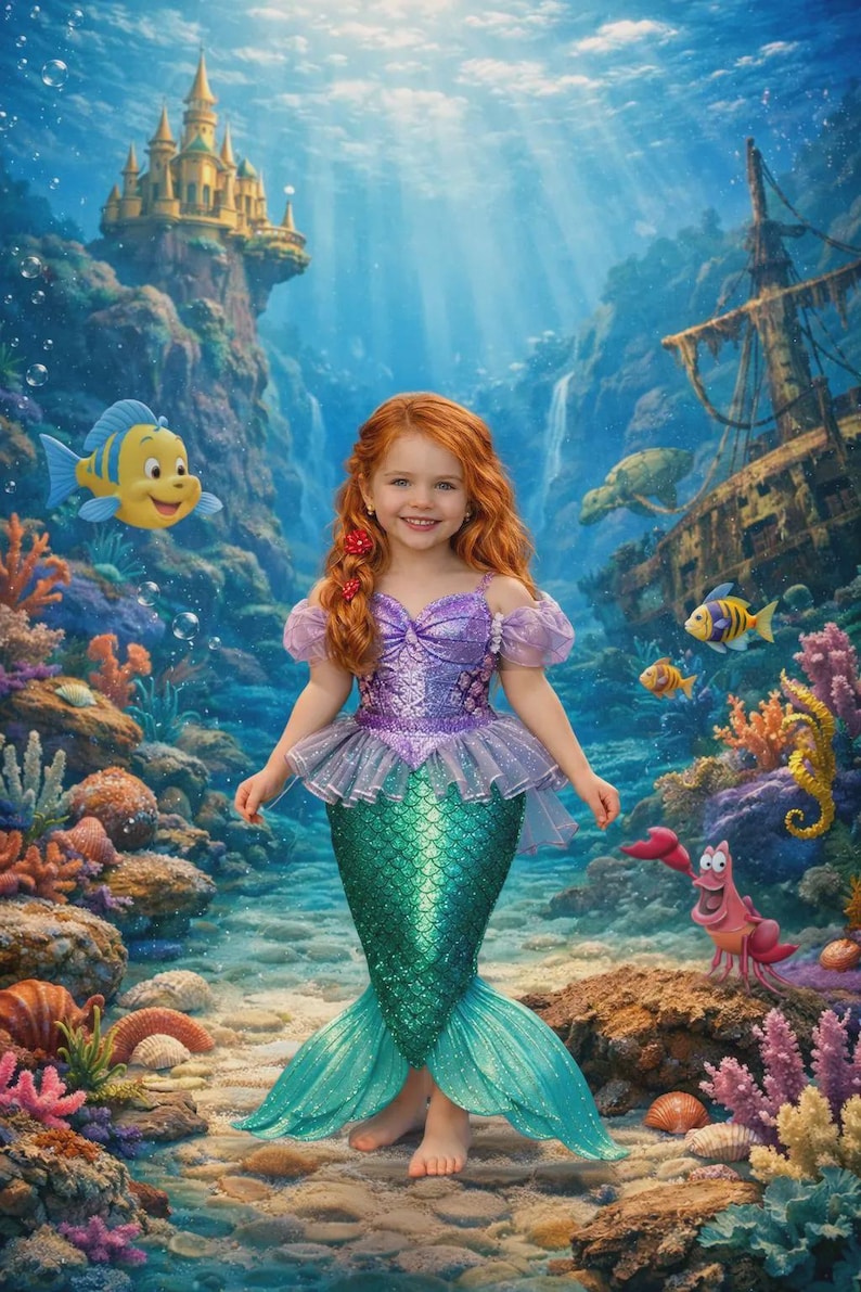 Puede incluir: Una ni&ntilde;a con un disfraz de sirena con una cola verde con lentejuelas y un corpi&ntilde;o morado, de pie en una escena submarina. El fondo presenta un castillo, un barco hundido y coloridos arrecifes de coral. Tambi&eacute;n hay peces animados y un cangrejo.