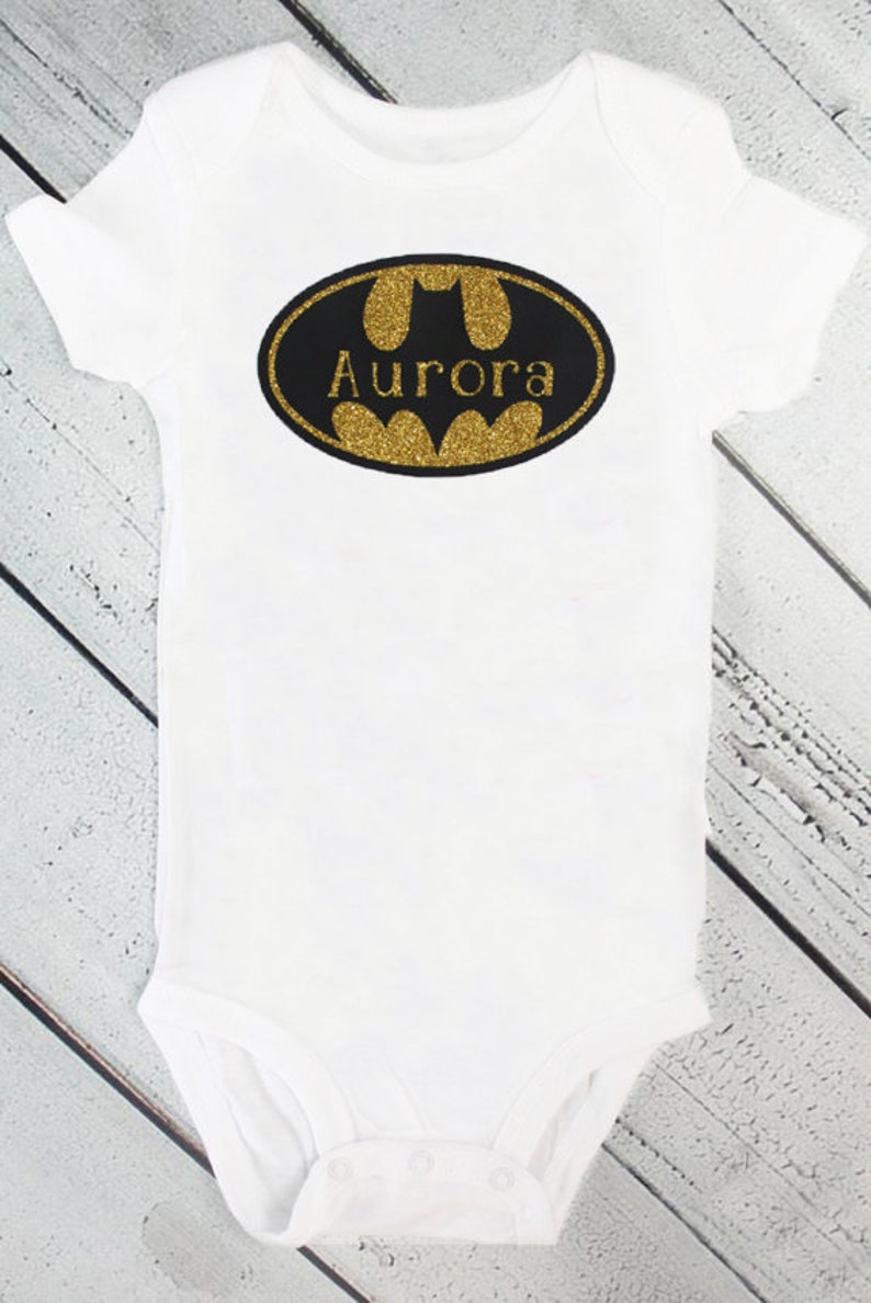 Batman, Batgirl Name Bodysuit Birthday Shirt personalized, boy, girl, toddler, cake smash, 1st birthday, halloween, black, gold, pink image 3