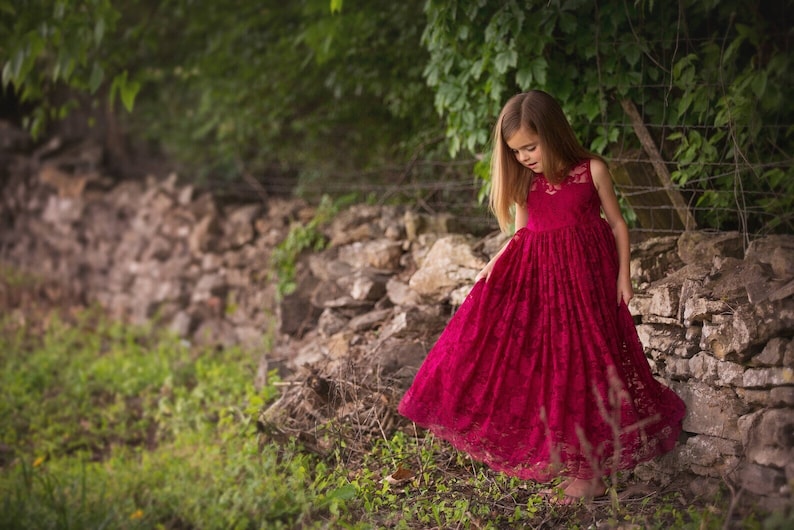 Burgundy Lace Keyhole Sweetheart Dress Ready to Ship Flower Girl, Wedding, Girl, Toddler, country, rustic dress, summer, spring, fall image 1