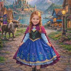 Pode incluir: Uma menina com um vestido azul e roxo com capa, em p&eacute; em um caminho de paralelep&iacute;pedos. O vestido tem detalhes florais e acabamentos dourados. O fundo apresenta um castelo, montanhas e um lago, criando uma cena de conto de fadas.