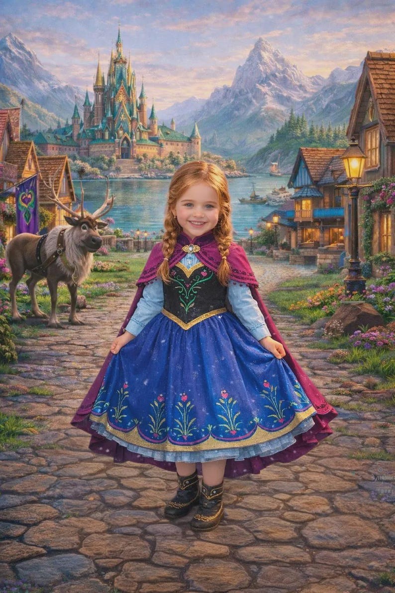 Pode incluir: Uma menina com um vestido azul e roxo com capa, em p&eacute; em um caminho de paralelep&iacute;pedos. O vestido tem detalhes florais e acabamentos dourados. O fundo apresenta um castelo, montanhas e um lago, criando uma cena de conto de fadas.