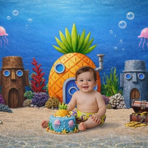 May include: A smiling baby sits in a whimsical underwater scene with a cake. The backdrop features a pineapple house, stone structures, and pink jellyfish. A treasure chest with gold coins is nearby.