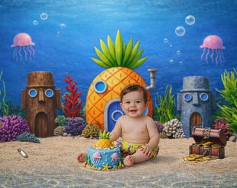 Fondo digital para sesión de fotos de cumpleaños con temática de piña y fondo marino / Fondo con temática oceánica / Montaje para sesión de fotos de cumpleaños con tarta (formato PNG)