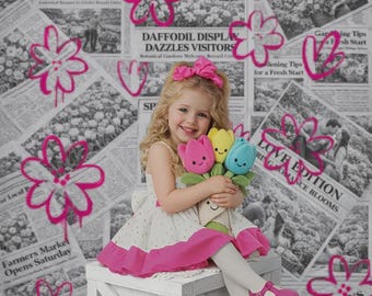 Spring Newspaper Backdrop | Pink Flower Graffiti Heart Photography Background | Romantic Editorial Studio (PNG Format)