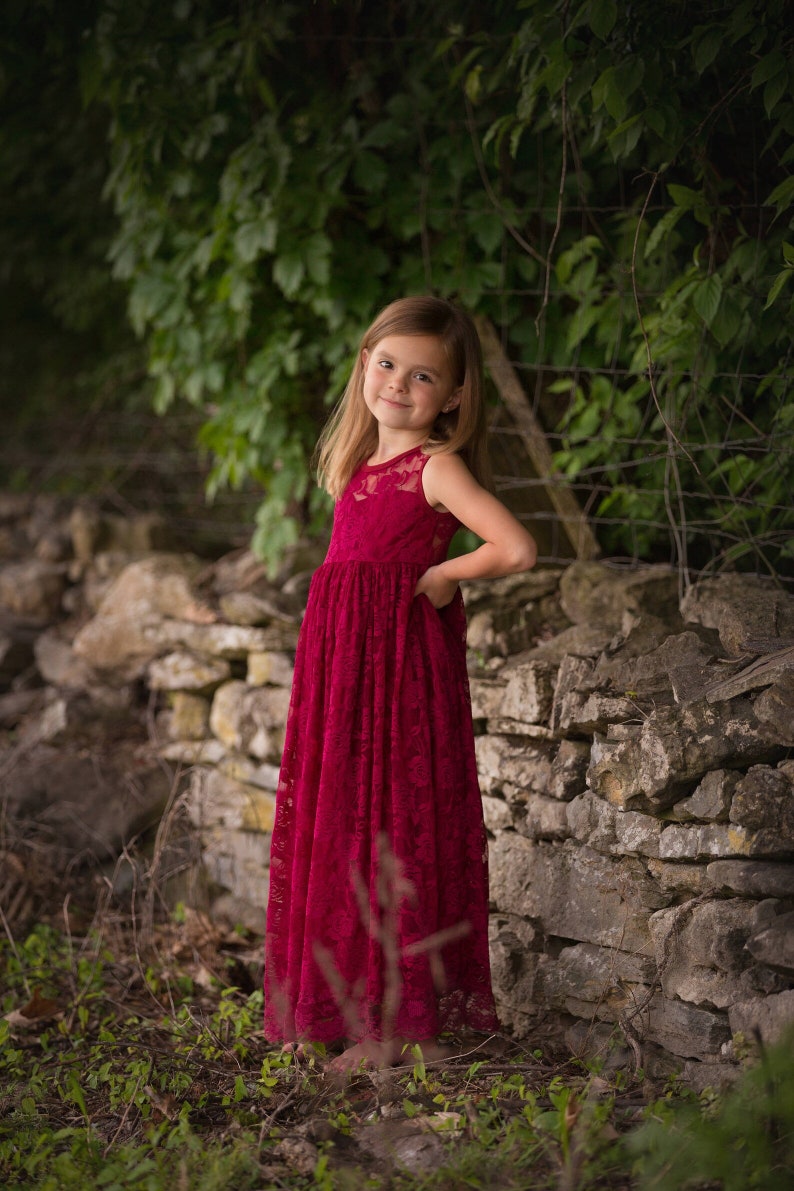 Burgundy Lace Keyhole Sweetheart Dress Ready to Ship Flower Girl, Wedding, Girl, Toddler, country, rustic dress, summer, spring, fall image 3