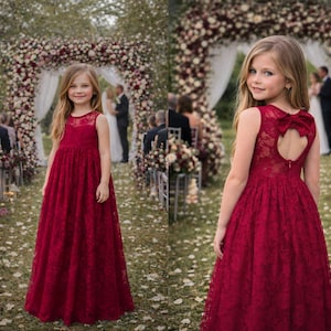 Vestido burdeos de encaje con escote corazón y abertura (listo para enviar) - Vestido de niña de inspiración vintage / Vestido boho para damita de honor / Vestido para ocasiones especiales