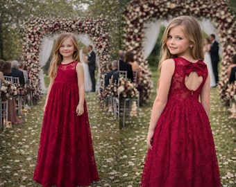 Burgundy Lace Keyhole Sweetheart Dress (Ready to Ship)- Girls Vintage Inspired Dress | Boho Flower Girl Dress | Special Occasion Dress