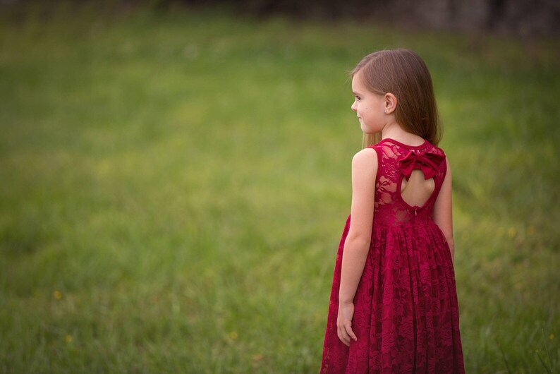 Burgundy Lace Keyhole Sweetheart Dress Ready to Ship Flower Girl, Wedding, Girl, Toddler, country, rustic dress, summer, spring, fall image 2