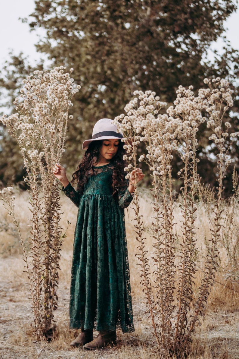 Ready to Ship Long Sleeve Dark Green Sweetheart Dress Flower Girl, Wedding, country, rustic dress, fall, winter, long sleeve, lace image 3