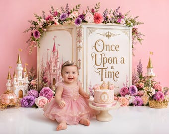 Once Upon a Time Princess Castle Backdrop | Fairy Tale Book Background | Pink Floral Royal Princess Cake Smash Digital Backdrop (PNG Format)