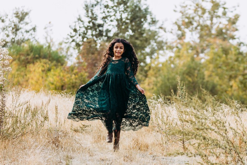 Ready to Ship Long Sleeve Dark Green Sweetheart Dress Flower Girl, Wedding, country, rustic dress, fall, winter, long sleeve, lace image 1