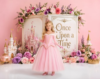 Once Upon a Time Princess Castle Backdrop | Fairy Tale Book Background | Pink Floral Royal Princess Cake Smash Digital Backdrop (PNG Format)