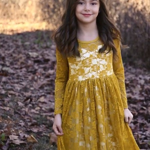 Marigold lace sweetheart long sleeve Dress Ready to Ship Flower Girl, Wedding, Outfit, Girl, Toddler, country, rustic dress, fall, winter image 3