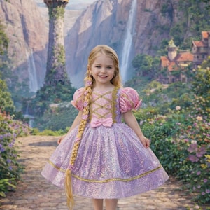 May include: A young girl in a sparkling lavender princess dress with pink accents and a matching bow. Her long blonde braid is adorned with flowers. She is standing on a stone path in front of a fairytale castle and waterfall.