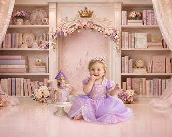 Princess Fairytale Bookshelf Backdrop | Pink Floral Castle Digital Background | Princess Library Birthday Photo Backdrop (PNG Format)