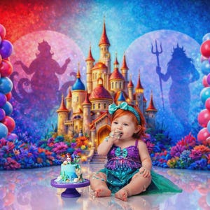 Puede incluir: Una ni&ntilde;a con un disfraz de sirena est&aacute; sentada frente a un colorido tel&oacute;n de fondo con un castillo y globos. Un peque&ntilde;o pastel con una figura de sirena est&aacute; sobre un soporte morado. El fondo presenta siluetas de criaturas marinas.