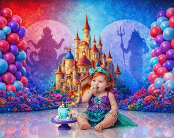 Mermaid Inspired Digital Backdrop | Ariel Princess Castle Background | Cake Smash Photography (PNG Format)