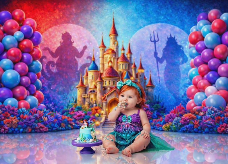 Puede incluir: Una ni&ntilde;a con un disfraz de sirena est&aacute; sentada frente a un colorido tel&oacute;n de fondo con un castillo y globos. Un peque&ntilde;o pastel con una figura de sirena est&aacute; sobre un soporte morado. El fondo presenta siluetas de criaturas marinas.