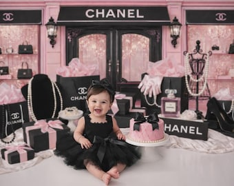Fondo para sesión de fotos de cumpleaños con tarta / Fondo digital rosa y negro / Descarga digital (formato PNG)