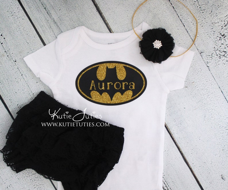 Batman, Batgirl Name Bodysuit Birthday Shirt personalized, boy, girl, toddler, cake smash, 1st birthday, halloween, black, gold, pink image 1