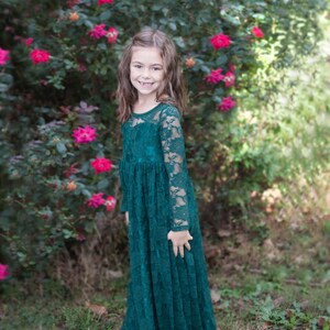 Ready to Ship Long Sleeve Dark Green Sweetheart Dress Flower Girl, Wedding, country, rustic dress, fall, winter, long sleeve, lace image 7