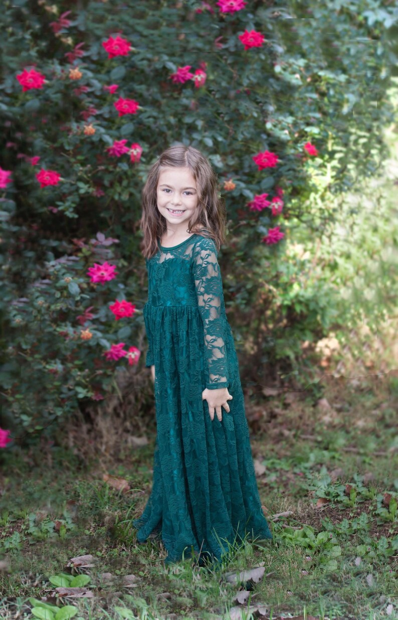 Ready to Ship Long Sleeve Dark Green Sweetheart Dress Flower Girl, Wedding, country, rustic dress, fall, winter, long sleeve, lace image 7