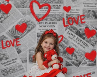 Valentine Newspaper Backdrop | Red Love Graffiti Heart Photography Background | Romantic Editorial Studio (PNG Format)