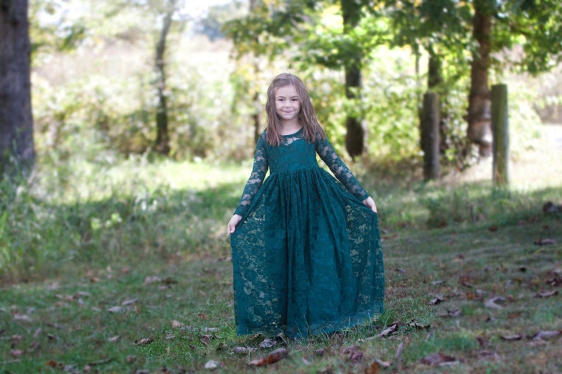 Ready to Ship Long Sleeve Dark Green Sweetheart Dress Flower Girl, Wedding, country, rustic dress, fall, winter, long sleeve, lace image 9