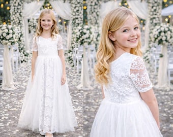 Vestido tutú de encaje blanco (listo para enviar) - Vestido elegante de inspiración bohemia para niñas / Vestido de damita de honor / Vestido para ocasiones especiales