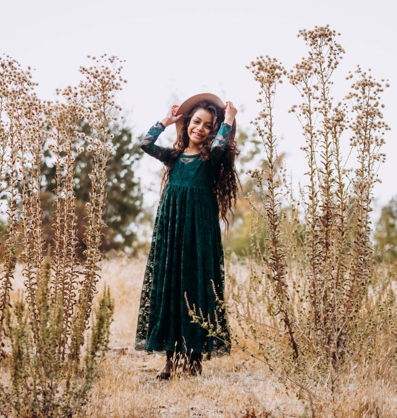 Ready to Ship Long Sleeve Dark Green Sweetheart Dress Flower Girl, Wedding, country, rustic dress, fall, winter, long sleeve, lace image 2