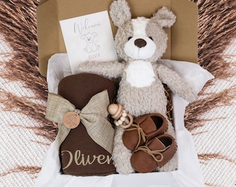 Coffret cadeau personnalisé pour bébé, baby shower, cadeau de bienvenue pour nouveau-né, cadeau garçon/fille, cadeau chiot, coffret cadeau pour bébé sans distinction de sexe, broderie