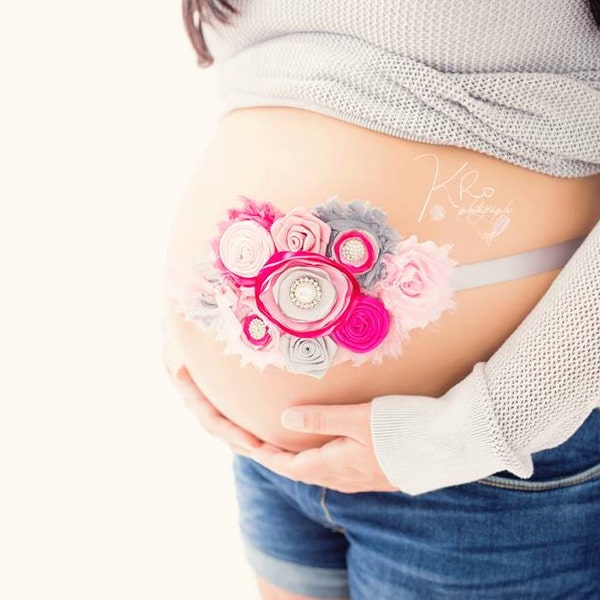 The Vintage Maternity Sash- Pink and Gray, Bridal Sash, Photo Prop, Belt, Wedding, Baby Girl, hot pink, pink, gray