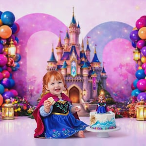 Puede incluir: Una ni&ntilde;a vestida de princesa sonr&iacute;e frente a un tel&oacute;n de fondo de castillo, sosteniendo un bocadillo. Globos coloridos y un pastel con una figura de princesa completan la escena festiva, ideal para una celebraci&oacute;n de cumplea&ntilde;os.