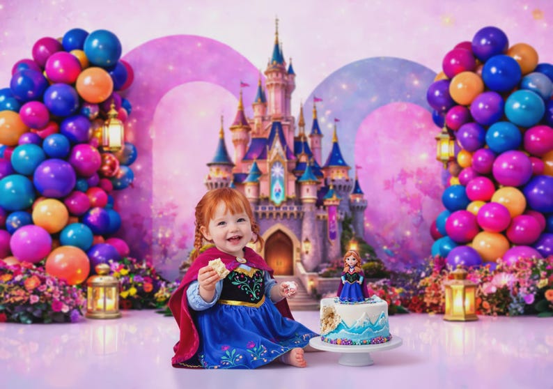 Puede incluir: Una ni&ntilde;a vestida de princesa sonr&iacute;e frente a un tel&oacute;n de fondo de castillo, sosteniendo un bocadillo. Globos coloridos y un pastel con una figura de princesa completan la escena festiva, ideal para una celebraci&oacute;n de cumplea&ntilde;os.