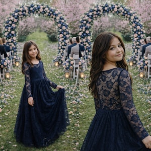 Vestido azul marino de encaje con escote corazón y manga larga (listo para enviar) - Vestido de inspiración vintage para niñas / Vestido boho para damita de honor / Vestido para ocasiones especiales