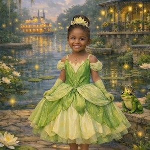 Puede incluir: Una niña con un vestido de princesa verde y amarillo, guantes y zapatos, con una corona floral a juego. Una rana con corona está sentada cerca. El fondo presenta un río, un barco de vapor y un mirador.