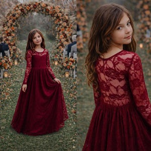 Vestido largo burdeos de encaje con escote corazón y manga larga (listo para enviar) - Vestido de inspiración vintage para niñas / Vestido boho para damita de honor / Vestido para ocasiones especiales