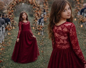 Long Sleeve Burgundy Lace Sweetheart Dress (Ready to Ship)- Girls Vintage Inspired Dress | Boho Flower Girl Dress | Special Occasion Dress