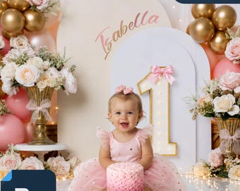 Personalized Pink & Gold Floral PSD Digital Backdrop | Cake Smash Photo Setup | Custom Name Sign (Photshop Format)