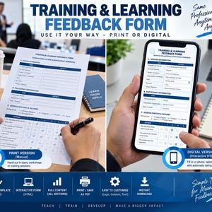 Könnte beinhalten: Eine Vorlage für ein Trainings- und Lernfeedbackformular, dargestellt als gedruckte Papierversion und als digitale Version auf einem Smartphone-Bildschirm. Das Formular enthält Abschnitte für Sitzungsinformationen, Teilnehmerdetails sowie Inhalte und Durchführung.
