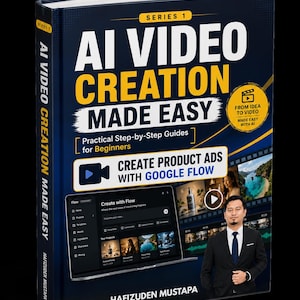 Könnte beinhalten: Ein dunkelblaues Hardcover-Buch mit dem Titel AI Video Creation Made Easy Series 1 von Hafizuden Mustapa. Das Cover zeigt weißen und gelben Text, eine Grafik einer Laptop-Oberfläche, ein kreisförmiges Abzeichen und ein Foto.
