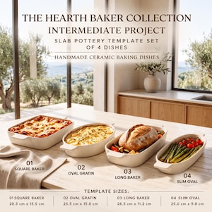 May include: The Hearth Baker Collection intermediate project slab pottery template set of 4 dishes includes a square baker, oval gratin, long baker, and slim oval. Sizes are 20.5 cm x 15.5 cm, 25.5 cm x 15.0 cm, 26.5 cm x 11.2 cm, and 25.0 cm x 9.8 cm.