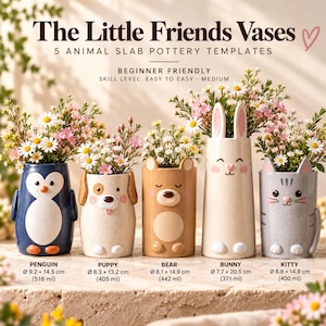 May include: Five ceramic animal-shaped vases titled The Little Friends Vases, featuring a penguin, puppy, bear, bunny, and kitty. Each vase has specific dimensions in cm and volume in ml printed below, ranging from 7.7 to 9.2 cm in diameter.