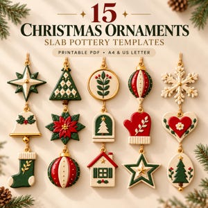 May include: A digital collection of 15 Christmas ornaments slab pottery templates in a printable PDF format for A4 and US letter sizes. The image displays various hanging ceramic-style shapes including stars, trees, bells, a mitten, and a heart.