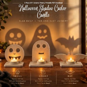 Può includere: Tre portacandele in ceramica di colore chiaro a forma di teschio, fantasma e pipistrello. Ogni pezzo contiene una candelina che proietta grandi ombre sulla parete. Il testo include Halloween Shadow Caster Candle, Slab-Built, Tab-and-Slot Joinery e le dimensioni in cm per ogni elemento.