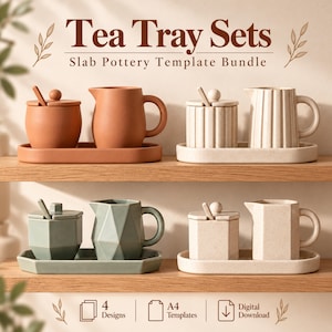 May include: Four tea tray sets with slab pottery templates. Each set includes a lidded container with a spoon and a pitcher on a matching tray. The designs feature terracotta, ribbed cream, sage green geometric, and speckled beige finishes.