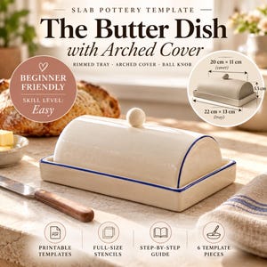 May include: A cream-colored ceramic butter dish with a rectangular rimmed tray, an arched cover, and a small ball knob. The dish features a thin blue trim. A circular inset shows dimensions of 20 cm by 11 cm for the cover and 22 cm by 13 cm for the tray.